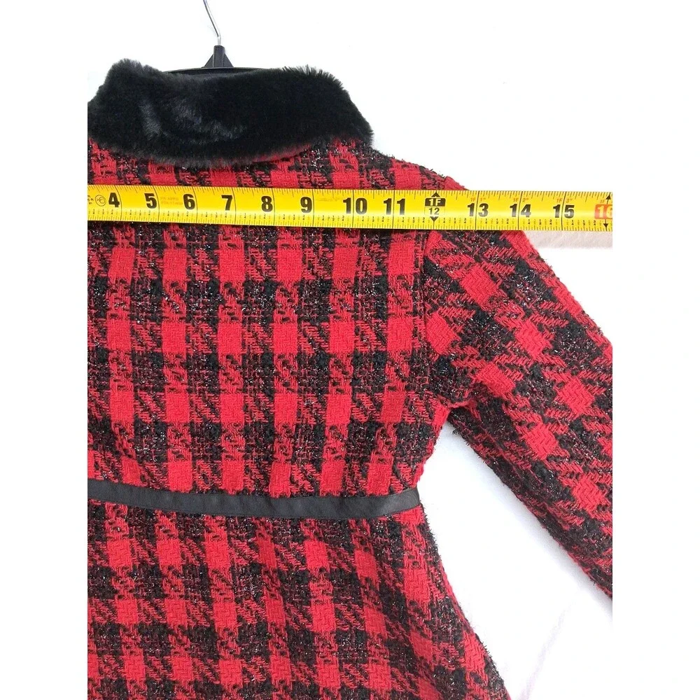 Blueberi Boulevard Girls 6 Red Holiday Christmas Over Coat Faux Fur Plaid